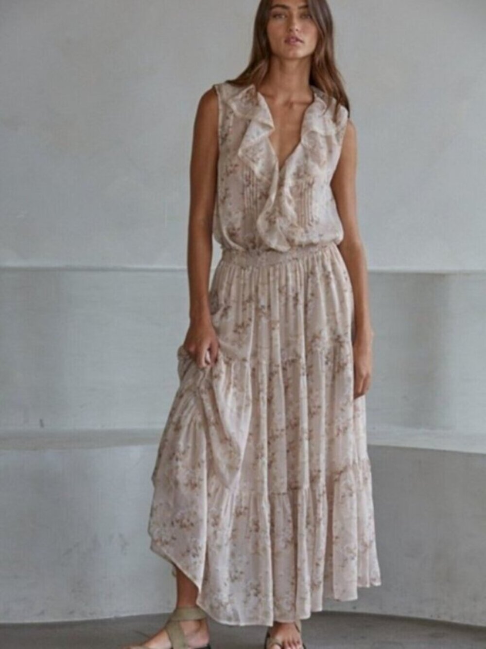 BY TOGETHER Floral Tiered Maxi Skirt and Ruffle Top Taupe Blush Pink NWT